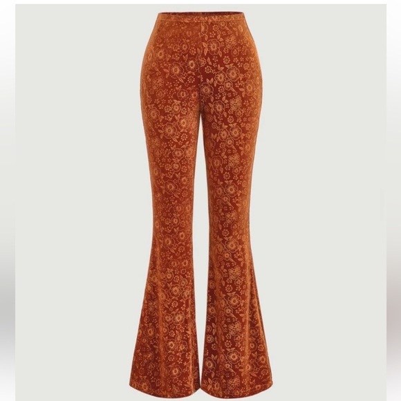 Floral Velvet Flare Pants SHEIN pull on boho XS stretch hippie - Picture 1 of 4